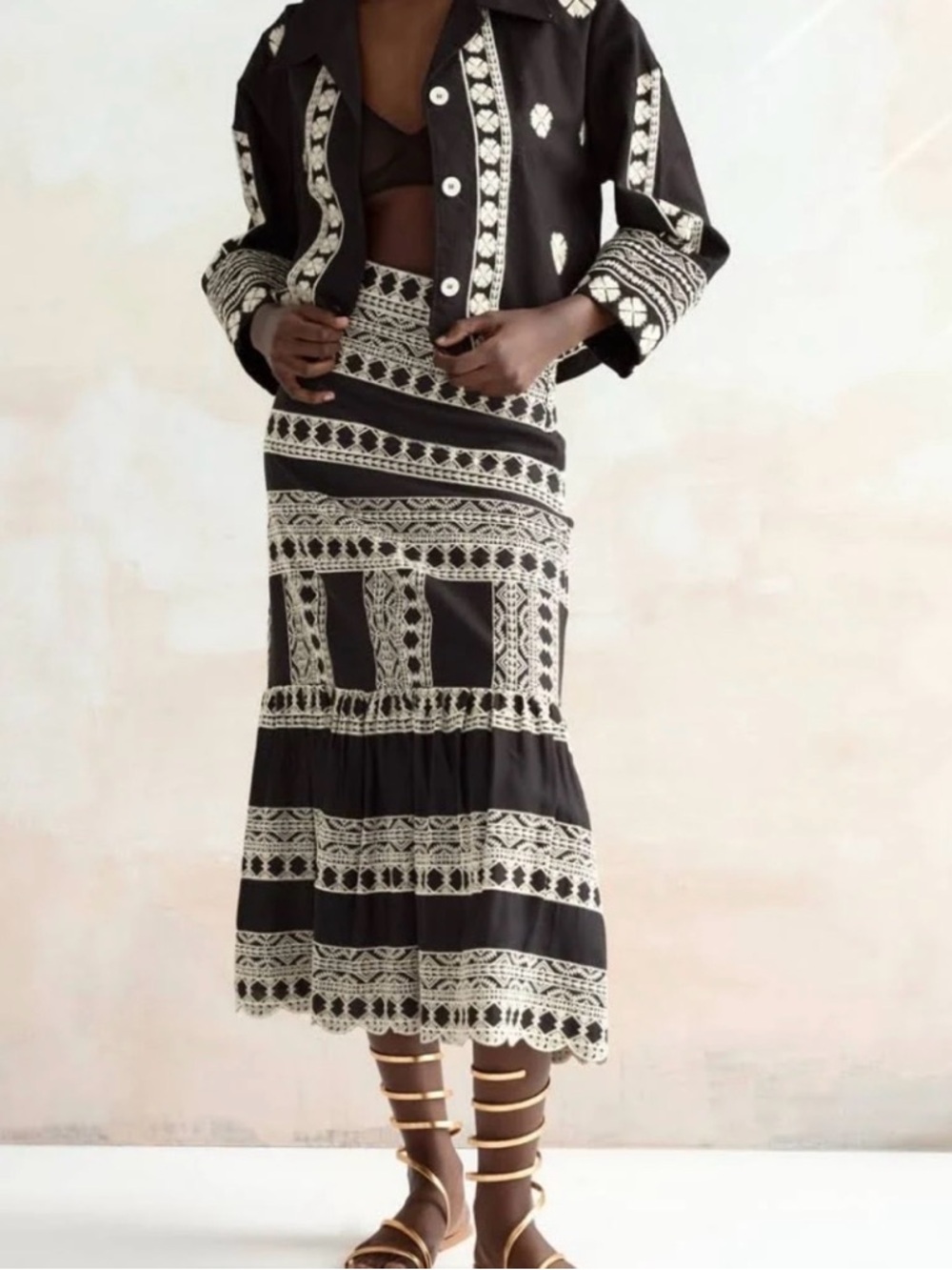 Zara Embroidered Midi Skirt | Size Medium | Black & Cream Boho Statement Piece